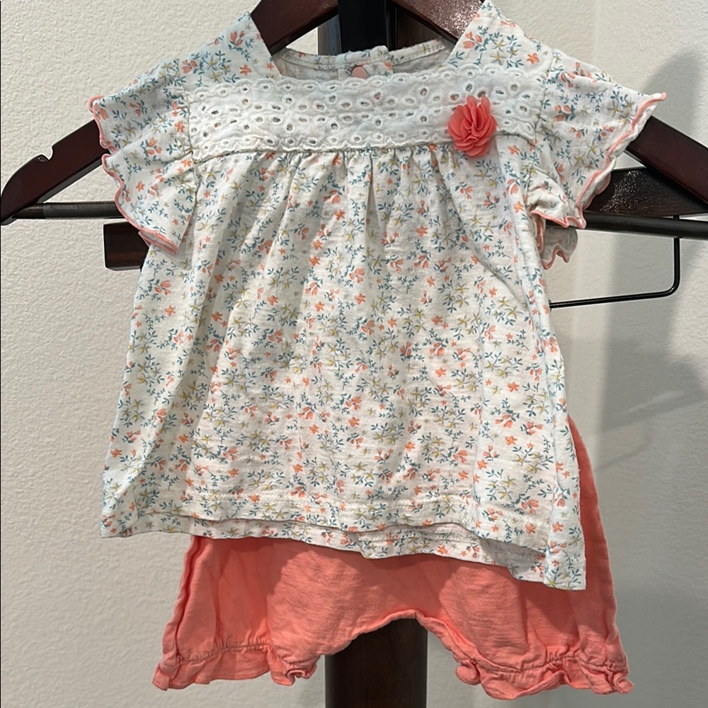 White and Pink Floral Blouse with Ruffled Collar